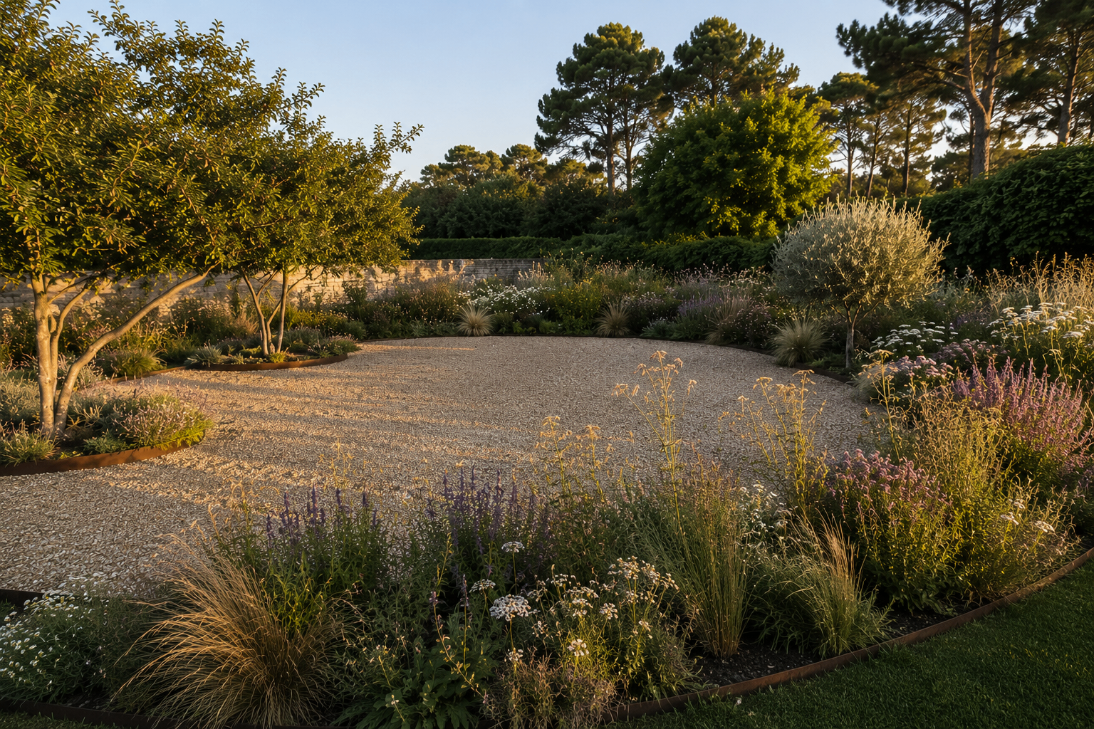 Circular gravel clearing framed by ornamental grasses, flowering perennials and mature trees
